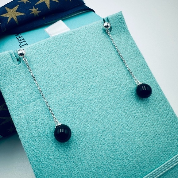 Retired Tiffany & Co. Ziegfeld Onyx Drop Earrings Sterling Silver with Packaging - Picture 3 of 12